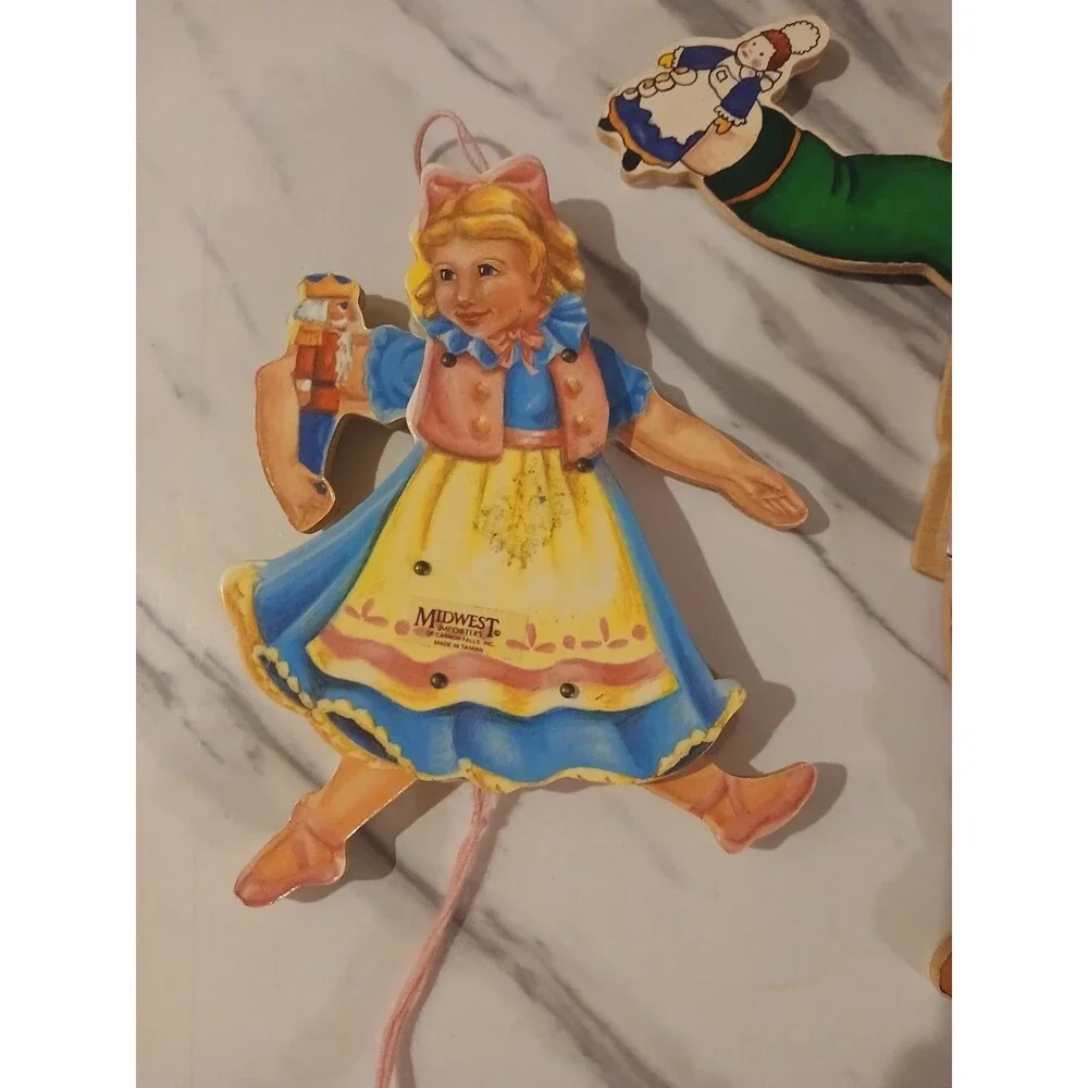 Lot Of 2 Vintage Pull String Puppet Ornaments Santa Little Girl Holiday Toy